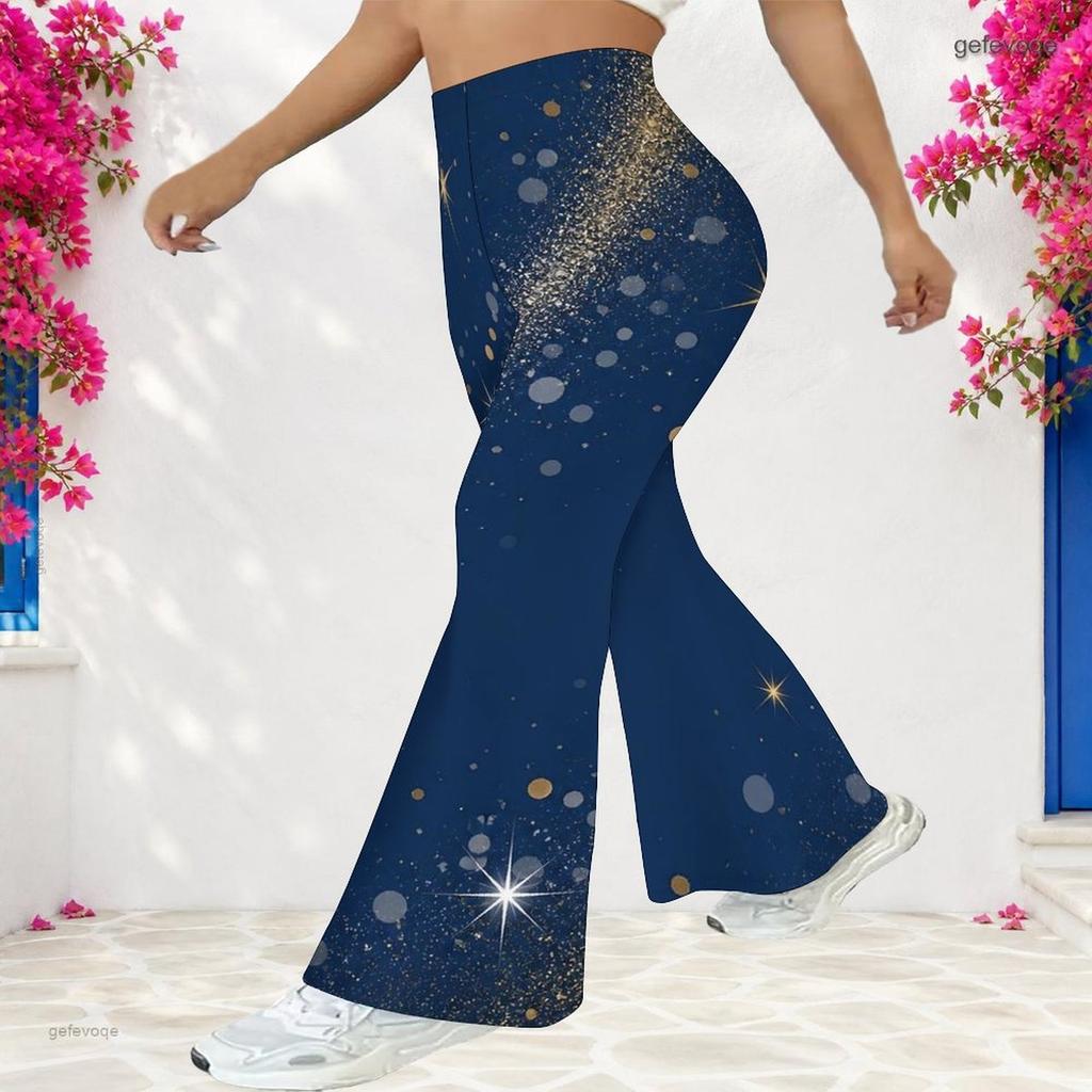 Women Plus Size High Waist Full Length Flared Pants Navy Blue Sparkle Starry Printed