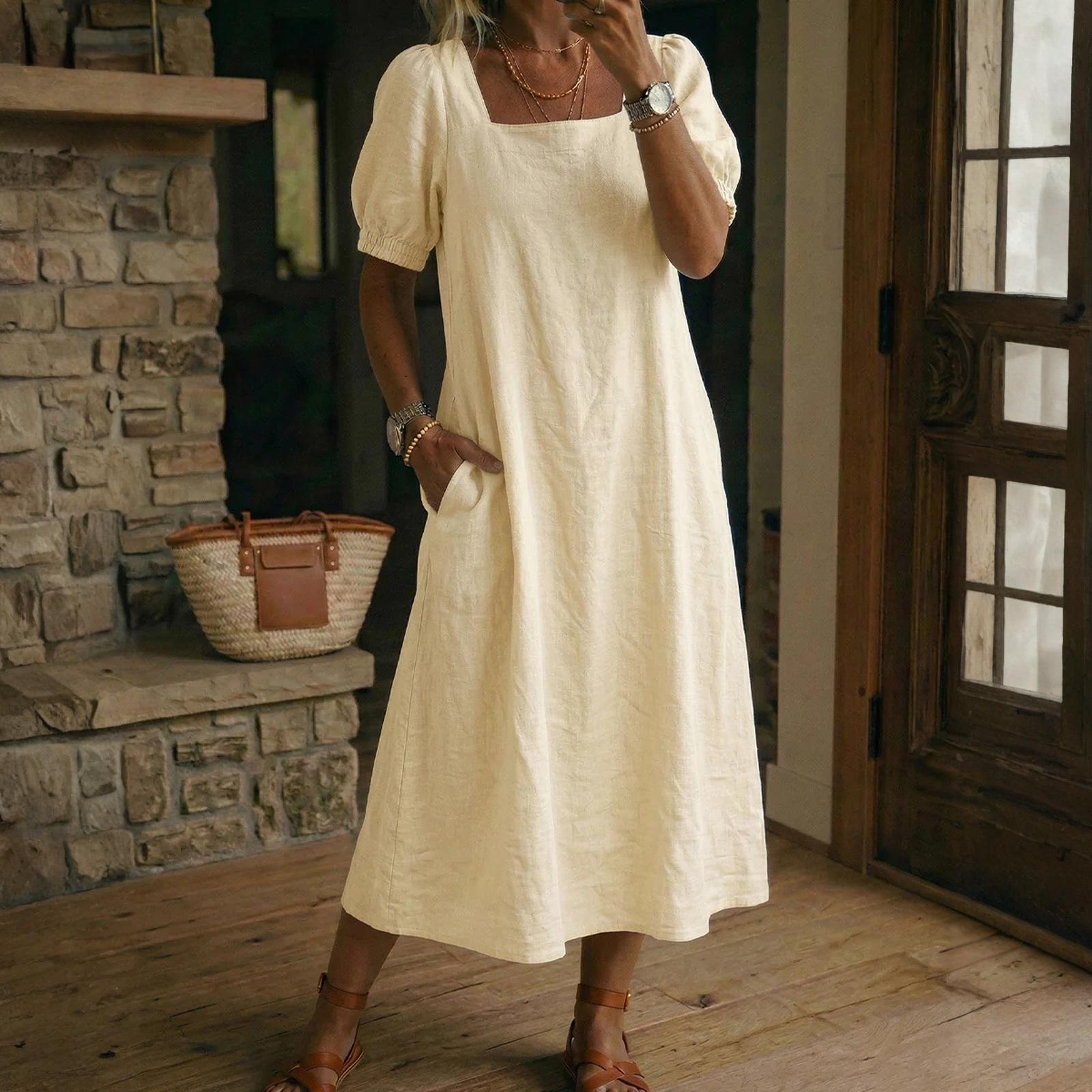Women s Square-Neck Short-Sleeve Dress L жёлтый