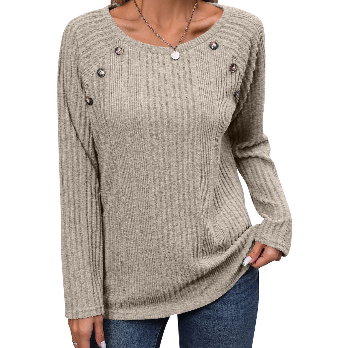 

GMXIA Осень-зима Женский шерстяной топ с круглым вырезом и пуговицами на пуговицах с длинным рукавом XXL хаки