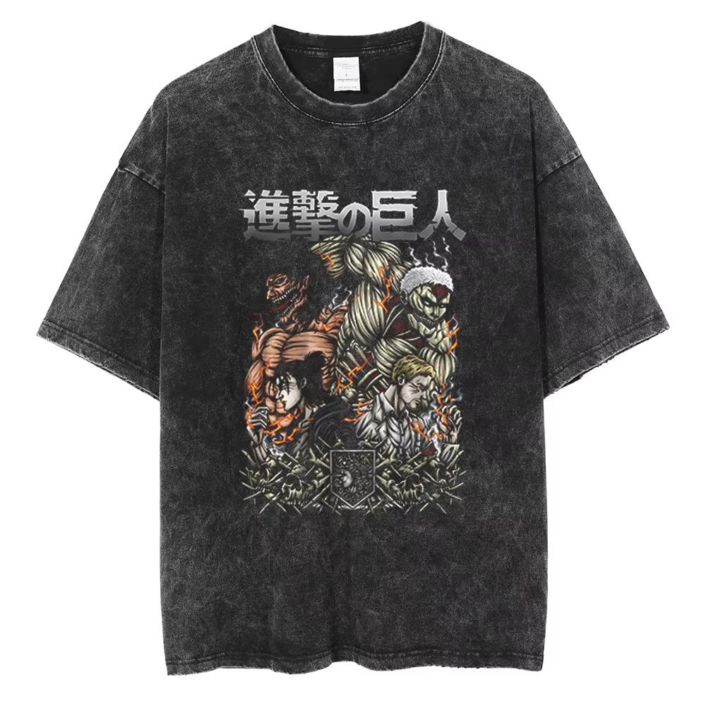 Anime Attack on Titan Levi Graphic Washed T Shirt Men Vintage Cotton T-shirts Casual Manga TShirt Harajuku Tops