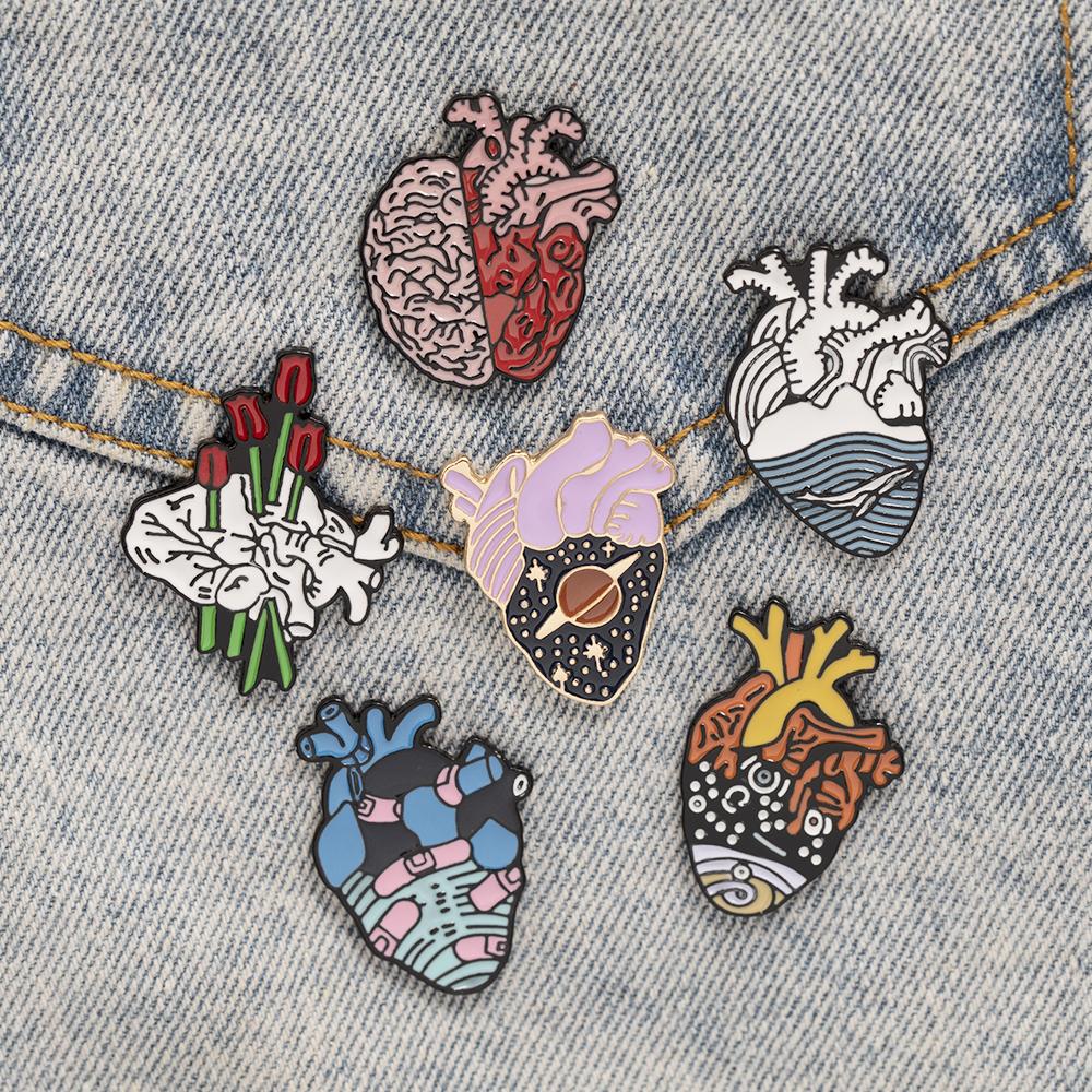 11 Styles Colorful Heart Shaped Enamel Brooches Funny Rose Space Ocean Eye Sea Wave Pattern Ticker Lapel Pins Heartbeat Badge