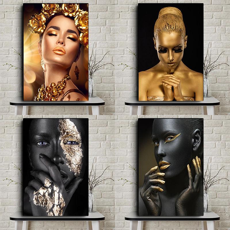 African Art Black and Gold Woman Oil Painting On Canvas Picture for Living Room Contemplator Posters and Prints Scandinavian