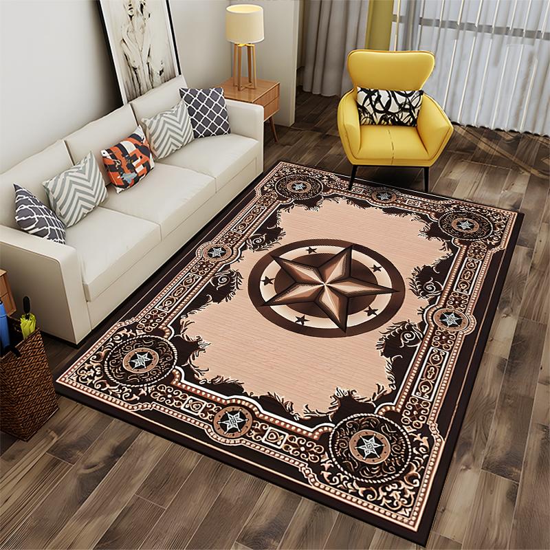 Elegant Star Motif Brown Rug Non-slip Rug Suitable for Living Room and Bedroom Sofas.