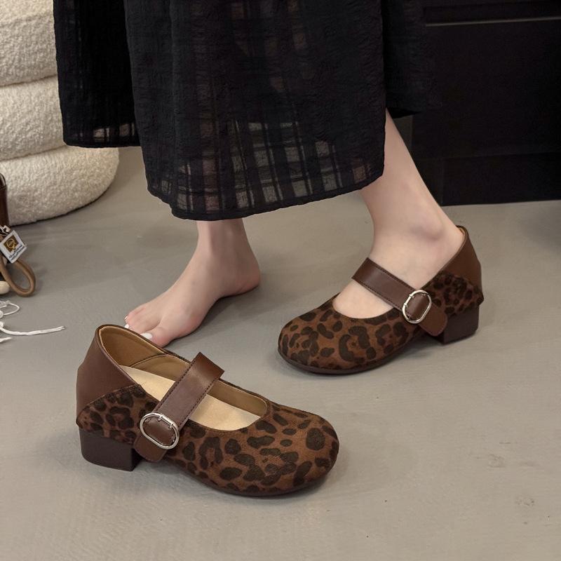 Retro Leopard Print Mary Jane Shoes Women's One-word Belt Inner Height Increase Round Head Shallow Mouth with Skirt Flat-soled Single Shoes
