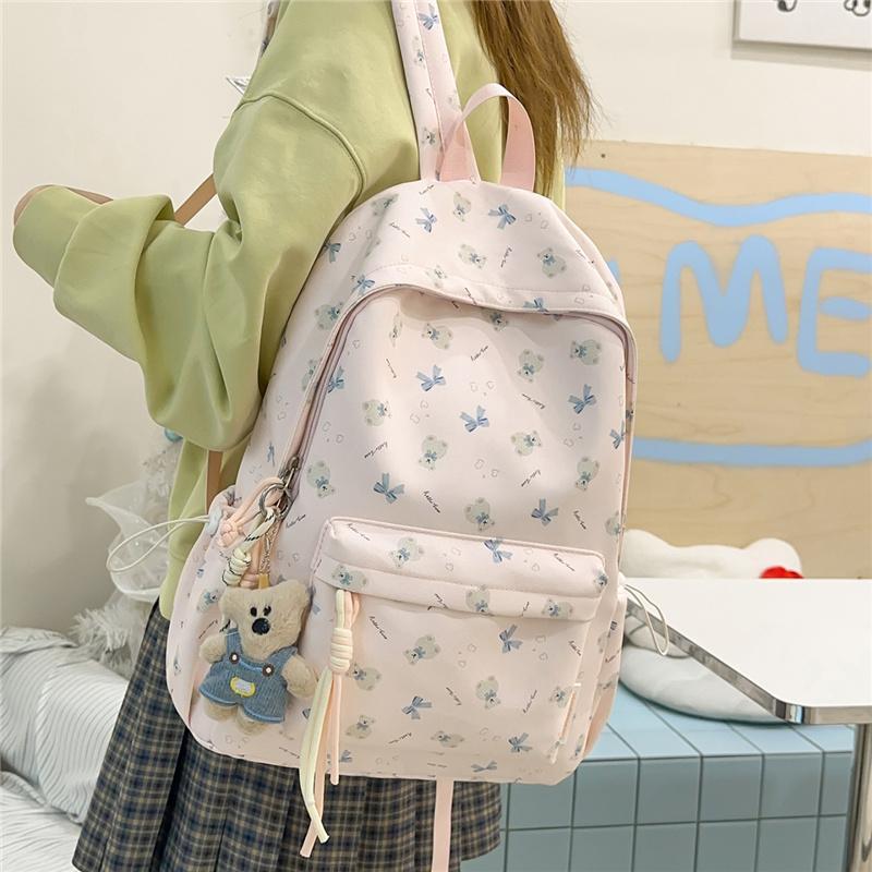 Niedlicher Rucksack mit Bärenaufdruck für Damen und Mädchen, Modischer Tagesrucksack für Schule und Reisen mit mehreren Taschen