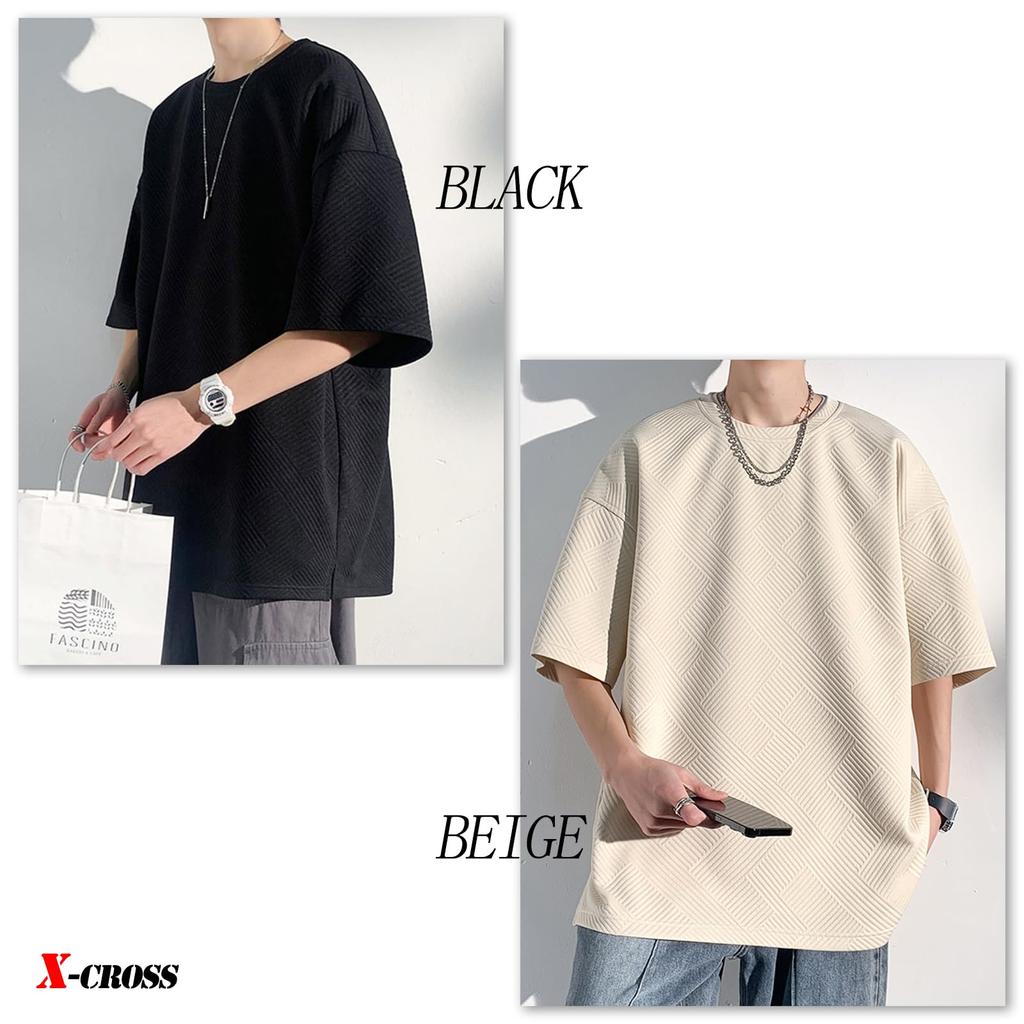 Sleeve Solid Loose Crew Big Round Korean Street Short Simple Gray X-cross Men's 3/4 T-Shirt, Color, Fit, Opaque, Stylish, Oversized, Neck, Silhouette,