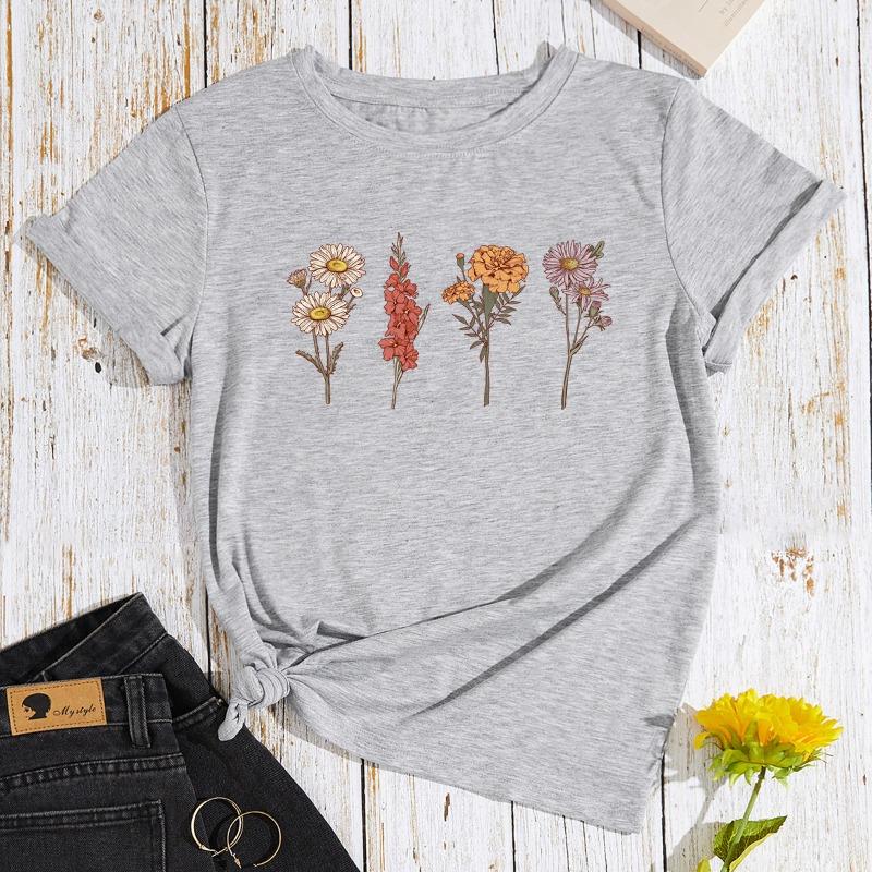 Women's Flower Plant Print Loose Imitation Cotton Large Size Round Neck Short Sleeved T-shirt for Women