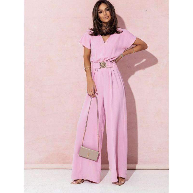 Fashion Spring/Summer New V-neck Fashion Temperament Pure Color Minimalist Loose Wide Leg Short Sleeve One-Piece Pants Jumpsuit