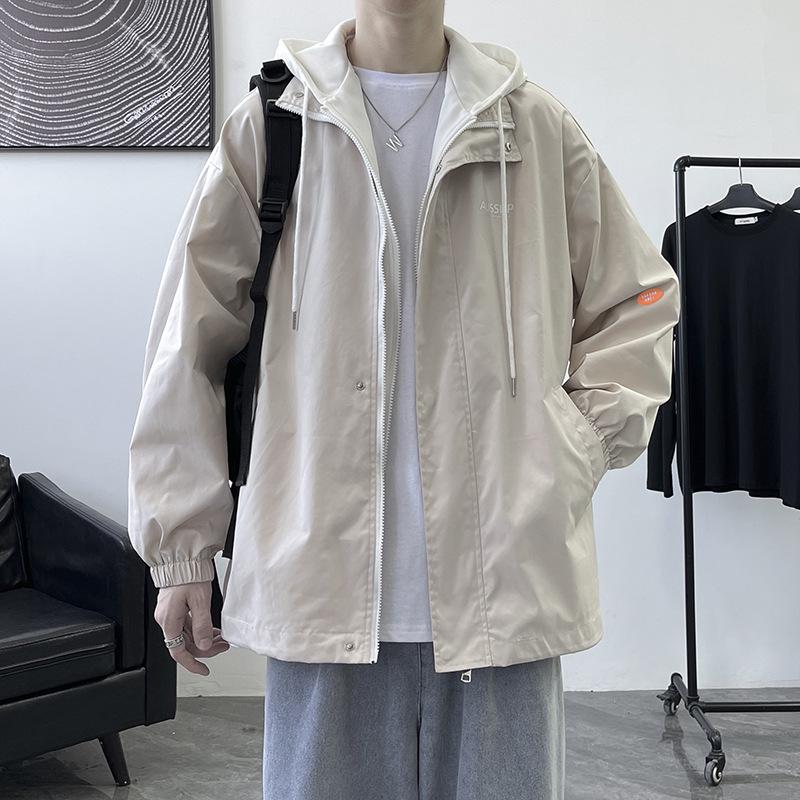 Men's Plus Size Hooded Windbreaker: Trendy Two-Piece American Style Jacket, Loose Waterproof Workwear for Spring/Autumn.