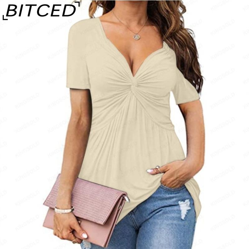 BITCED Women's V-Neck Front-Twist Short-Sleeved Elegant Casual T-Shirt Solid-Colour Pullover Top