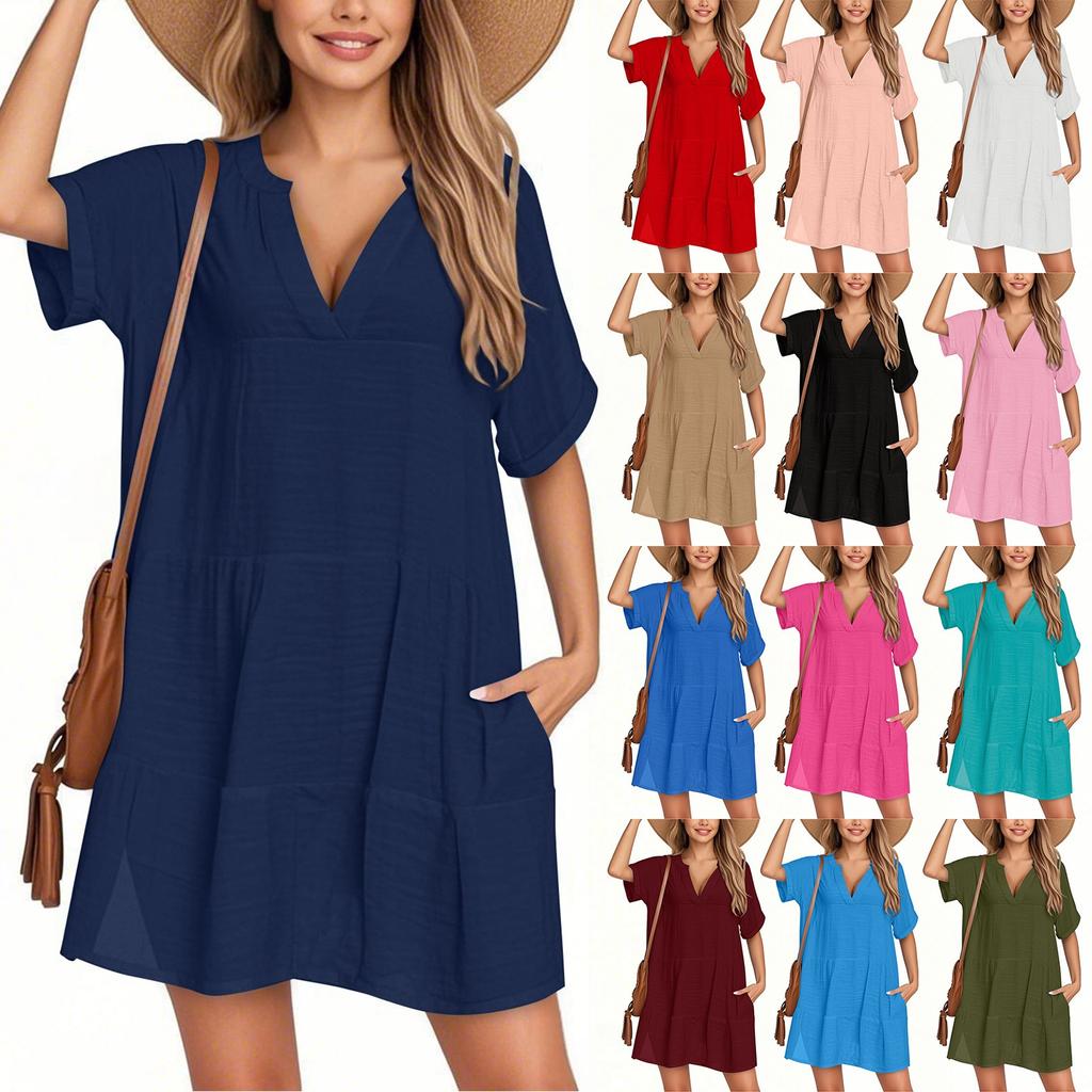 Women's Fashion Smock Casual Short-sleeved V-neck T-shirt Dress Holiday Beach Dress