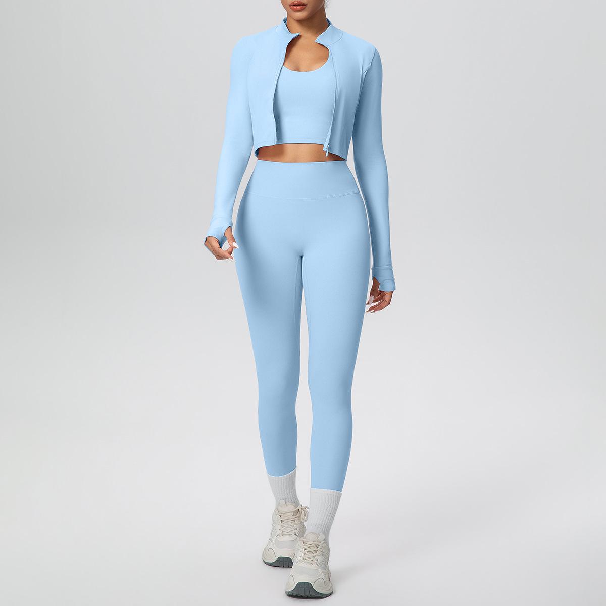 

European & American Solid Sports Three-Piece Set: Zipper Jacket, Halter Bra, Yoga Pants Large