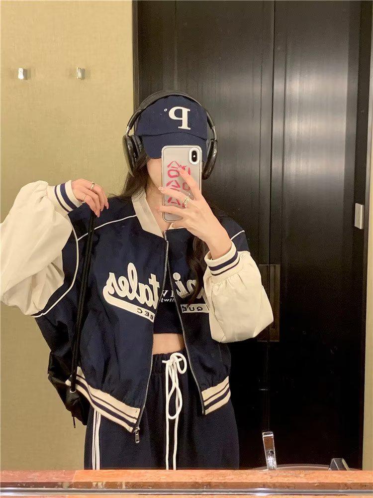 Plus Size Pink Retro Baseball Jacket for Petite Women - Spring & Autumn