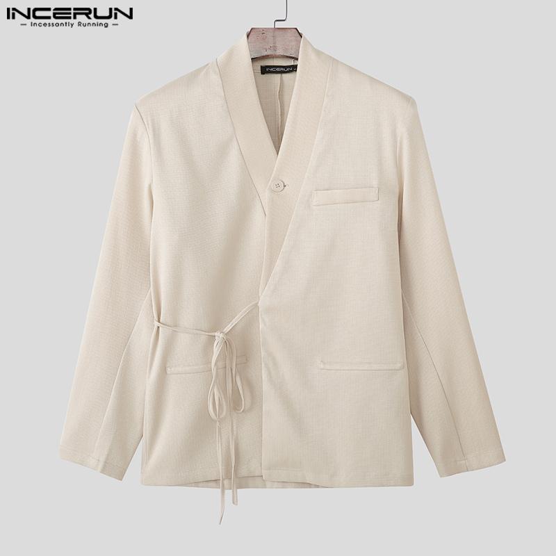 INCERUN Oversized Men Lapel Neck Long Sleeve Side Lace-up Casual Loose Thin Blazer Coats