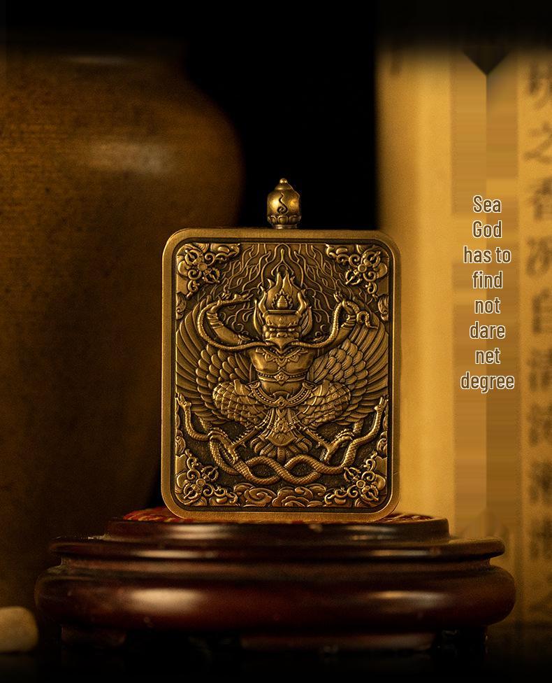 Authentic Lotus Mani Head Golden-Winged Great Peng Bird Pendant with Tempered Glass Thangka Box