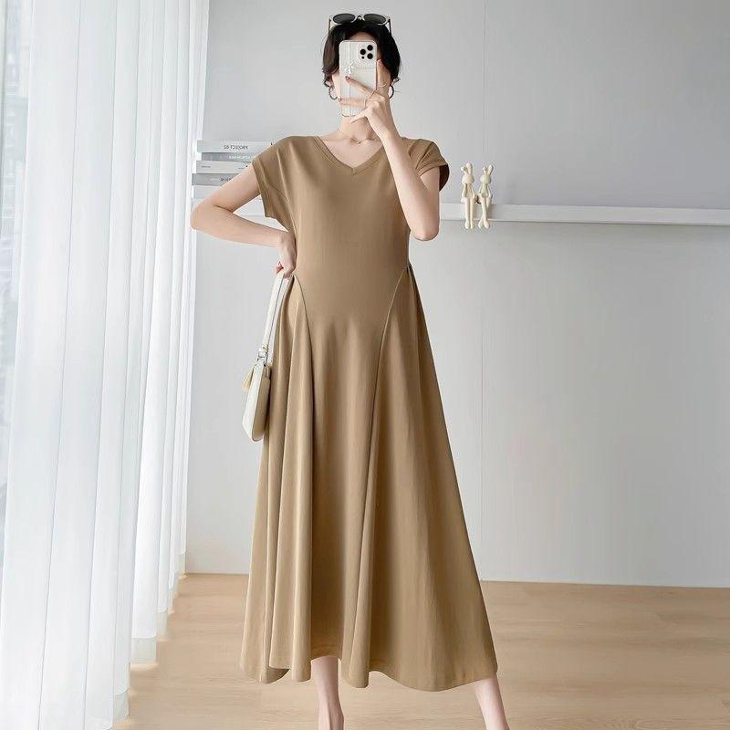 Maternity Collar Short-sleeved Dress Women's Summer New Temperament Loose Belly and Thin Medium and Long Maternity Dress
