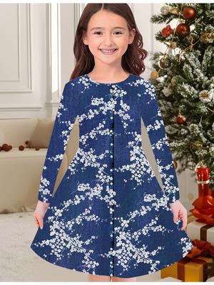 Girls' Autumn and Winter Fashion Dress, 3D Denim-like Print  Round Neck Long Children's T-shirt Dress, Casual Versatile, Christmas Clothing