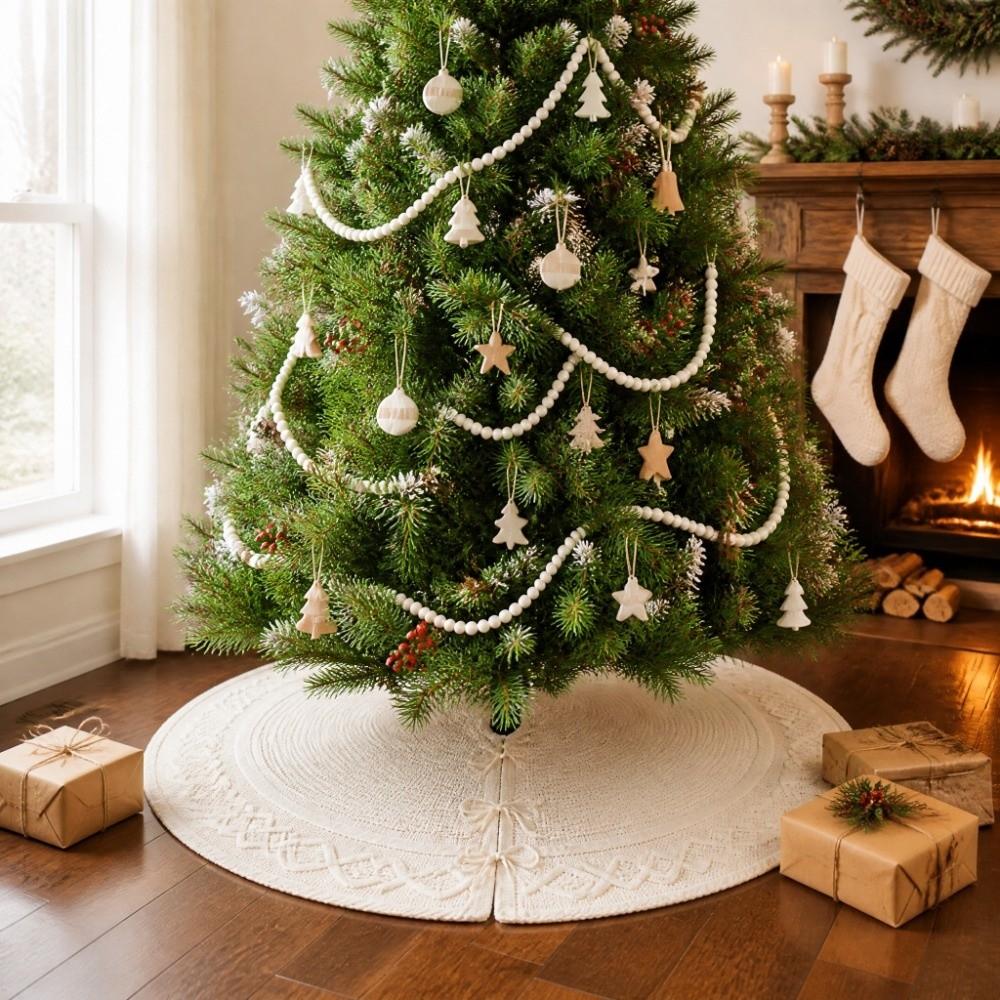 Solid Color Cable Knit Tree Skirt Bowknot Xmas Tree Decor  Home Decorations