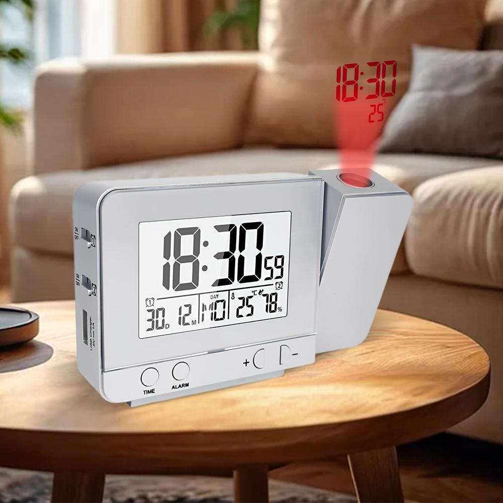 Projection Alarm Clock Digital Clock LED Display Temperature Humidity Monitor 180° Rotatable Projector 5mins Snooze for Bedroom