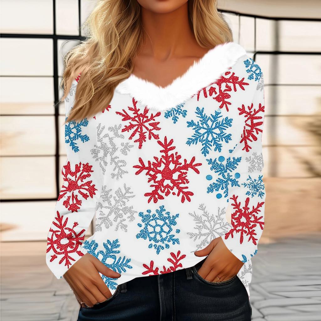 Women's Fashion Long Sleeve Christmas V-Neck Printed Party Furry Top