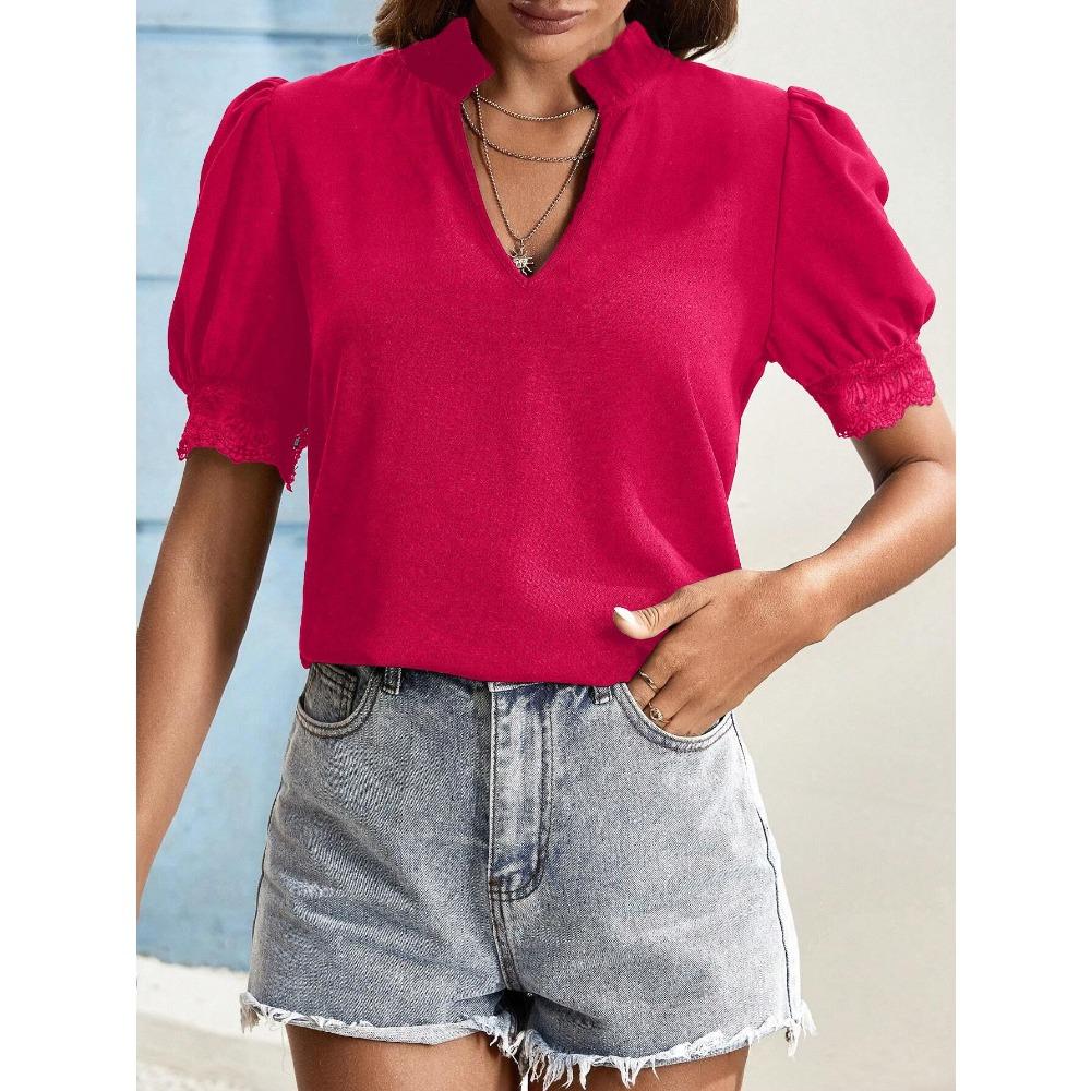 Women's Short-sleeved Tops Summer New Fashion T-shirt Versatile V-neck Shirt Lantern Sleeve Splicing Lace Blouse
