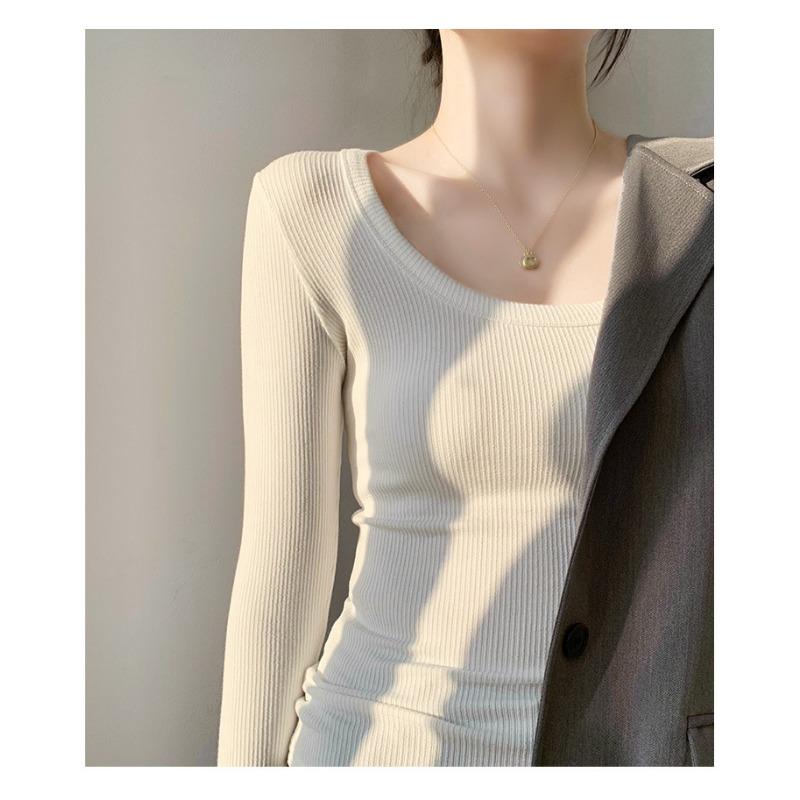 Women Solid High Elastic Slim Long Sleeve Round Neck Casual Bottoming T Shirt