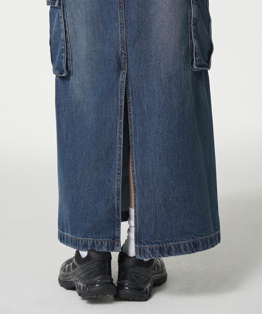 Musinsa Standard Woman Women'S Denim Cargo Elastic Waist Maxi Skirt [Medium Indigo]