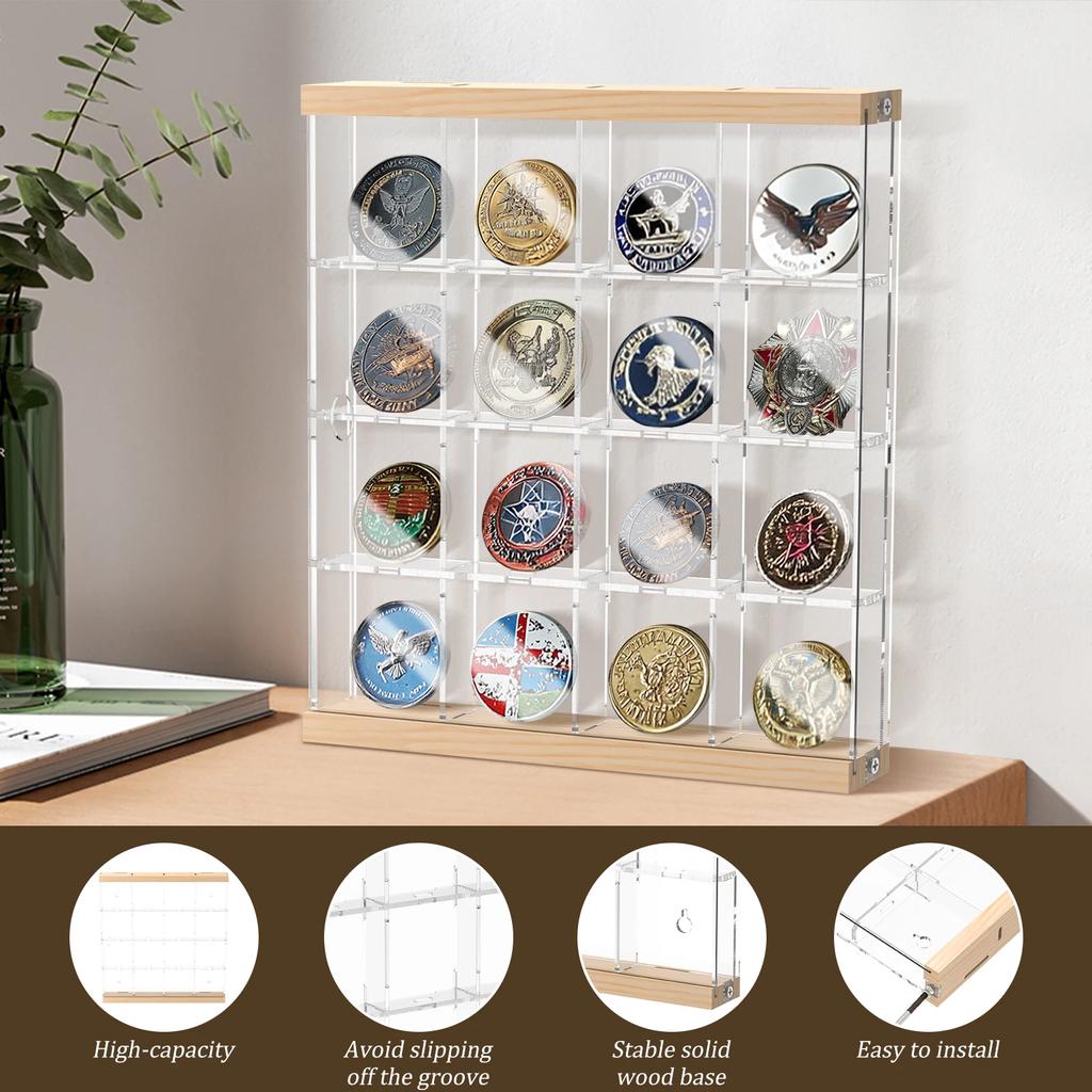 4 Layers Acrylic Coin Holder Clear Challenge Coin Holder with 16/24 Compartments Mini Handmade Statue Collection Display Box