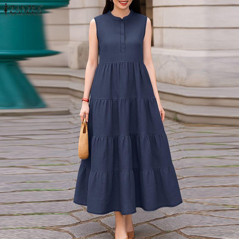 ZANZEA Women Casual Stand Collar Loose Summer Sleeveless Dress