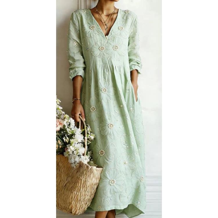 Abito casual da donna azzurro chiaro con scollo a V, ricamo floreale e dettagli di perle, manica media e polsino arricciato