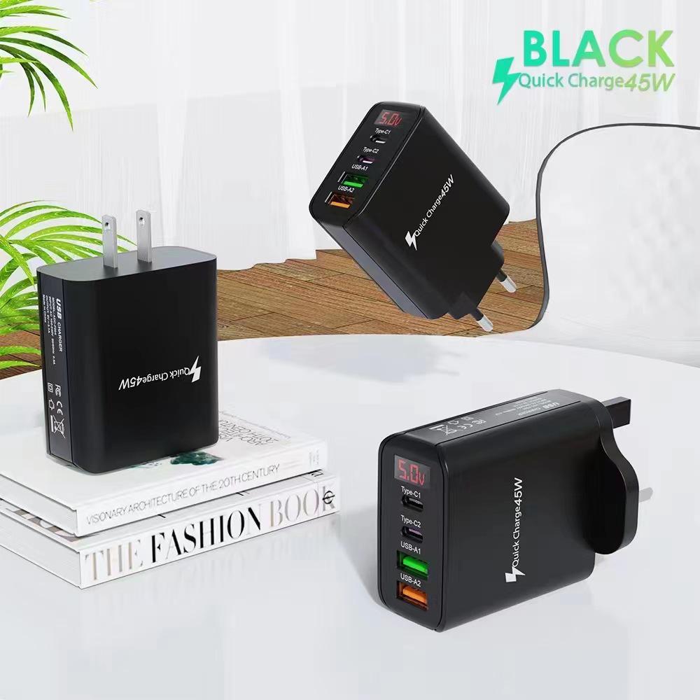 45W Multi-Port Phone Charger with Digital Display, 2A+2C, 3.1A, EU/UK Plug