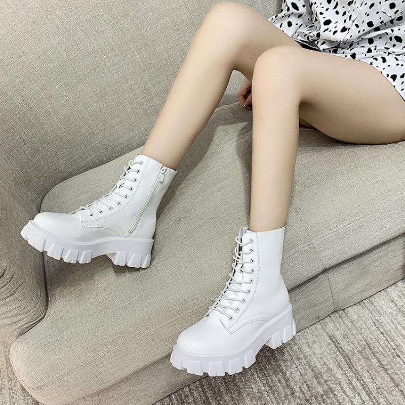 2026 Boots Women  Autumn Winter PU Leather White Ankle Boots Motorcycle Female Chunky Heels Platform Boots