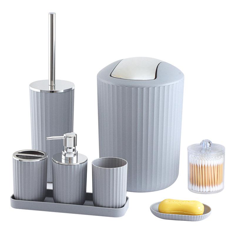 8dílná koupelnová sada: Umyvadlo, Dávkovač mýdla na ruce, Stojánek na zubní kartáčky, Kelímek a Podnos