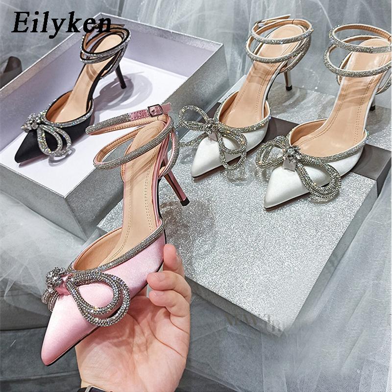 Spring Style Glitter Rhinestones Silk Transparent Pumps Women Crystal Bowknot Satin Lady High Heels Party Prom Shoes