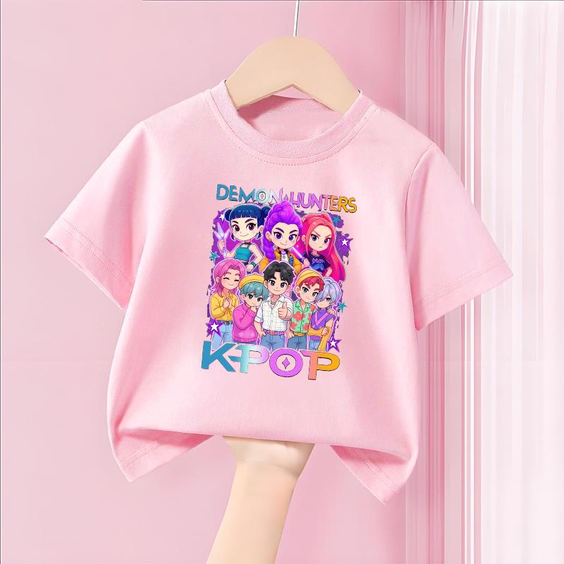 Demone Hunter Girl Purple Pink T-shirt Cute Anime Cotton T Shirt Y2K Kawaii Kids Streetwear Harajuku Short Sleeve Summer Clothes
