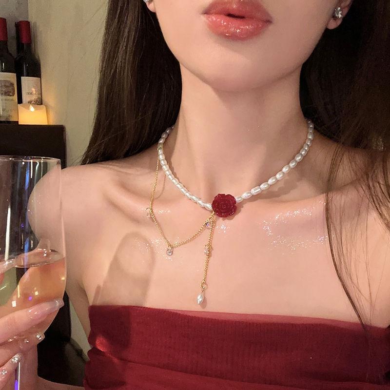 Retro Pearl Water Drop Fringed Neck Chain Temperament Design Sense Camellia Collarbone Chain Necklace Women