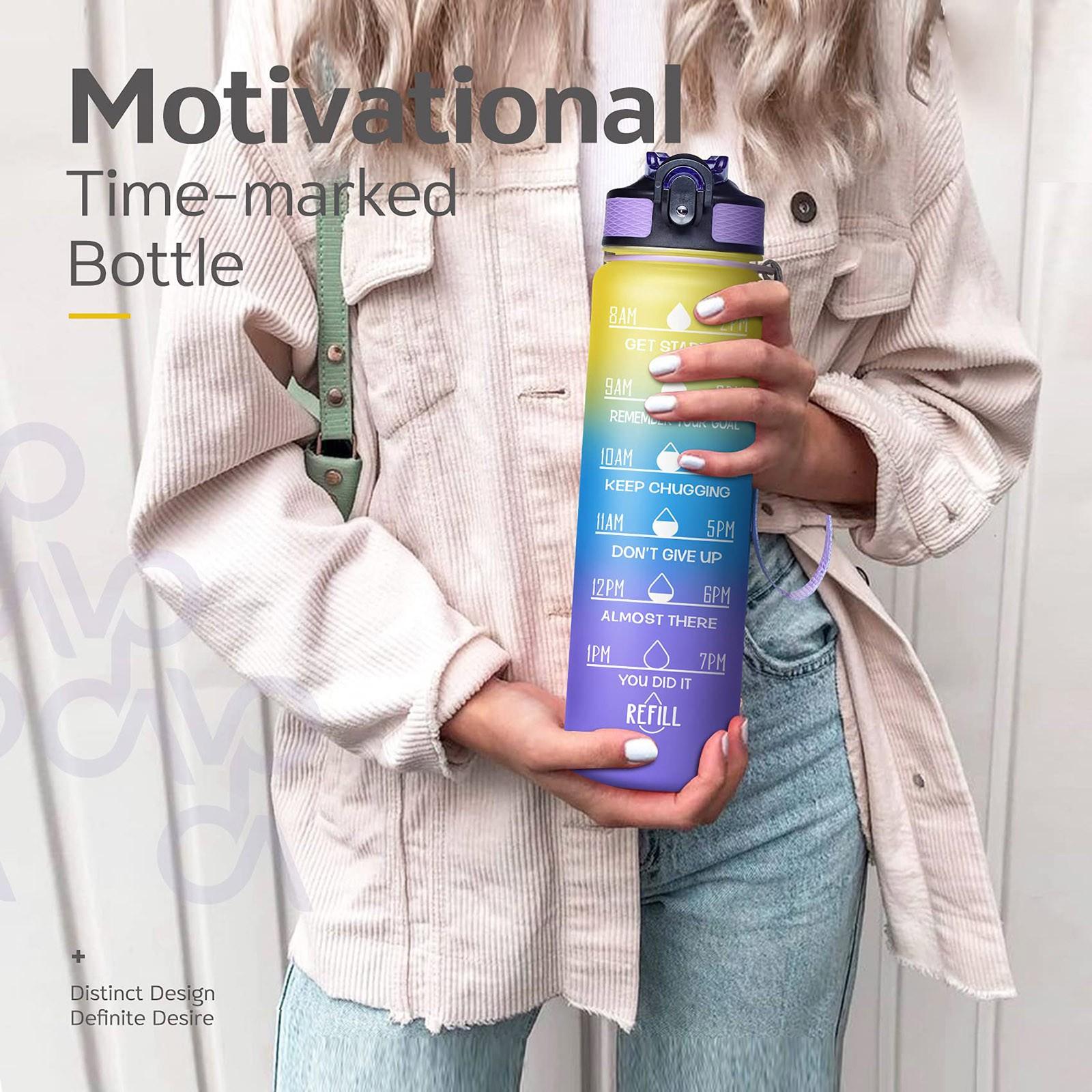 32oz Motivational Fitness Sports Water Bottle With Time & Straw, Large Wide Mouth Leakproof C