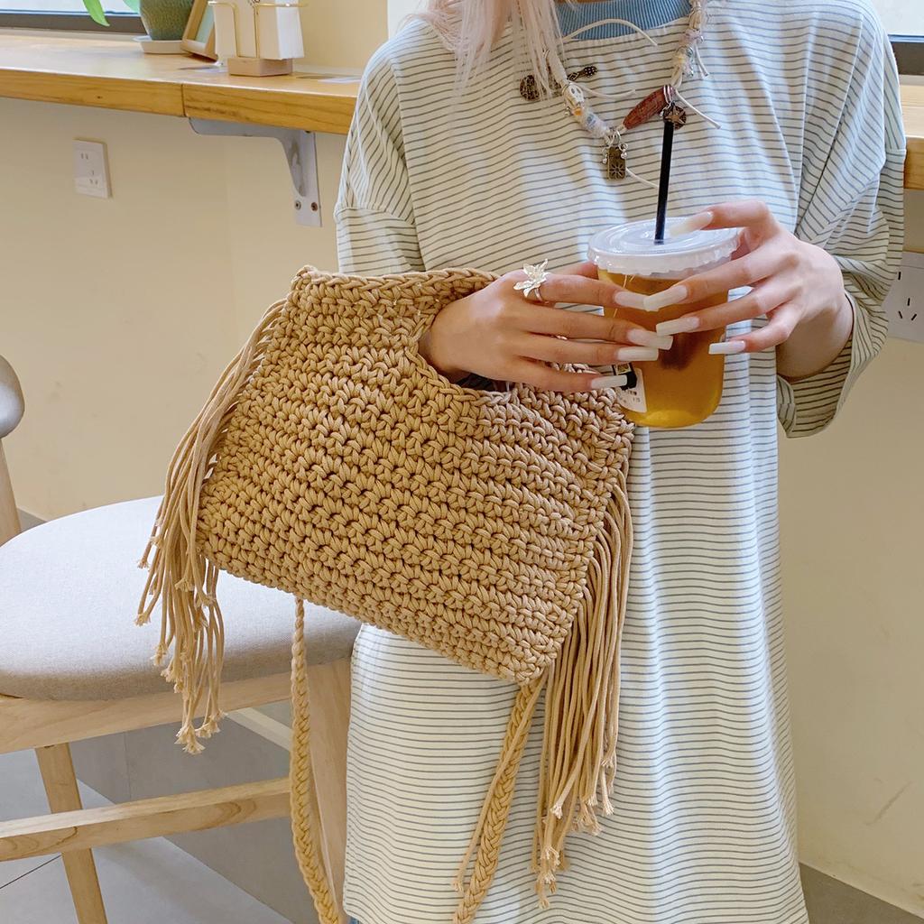New cotton thread crochet shoulder bag pattern tassel woven bag large capacity shoulder tote women's bag tide