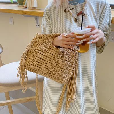 New Cotton Thread Crochet Shoulder Bag Pattern Tassel Woven Bag Large Capacity Shoulder Tote Women's Bag Tide
