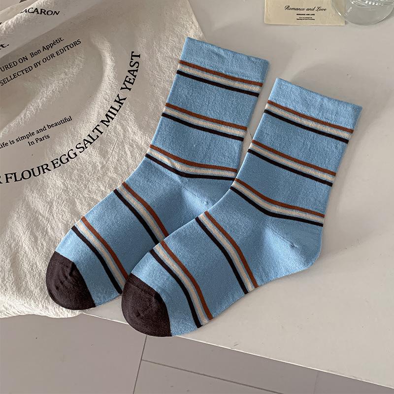 Retro Maillard Coffee Striped Mid-Calf Socks for Women - Autumn/Winter Academic Style Fashion Block Korean Loose Fit.