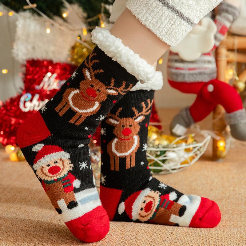 Winter Christmas Themed Women Lamb Fleece Floor Socks, Adult Non-Slip Indoor Snow Socks for Home Carpet