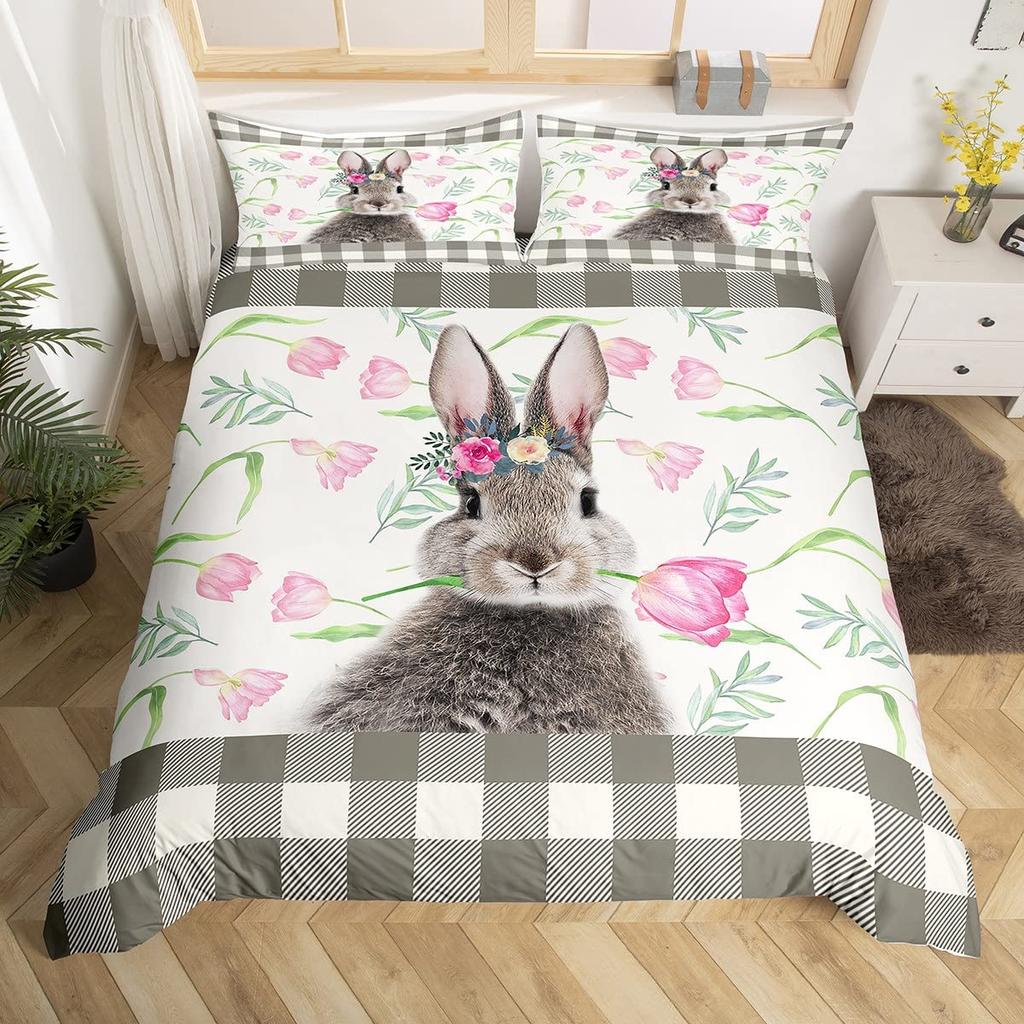Pink Cherry Blossom Duvet Cover Happy Easter Theme Rabbit Ear Easter Eggs Bedding Set Polyester Butterfly Flower Comforter Cover