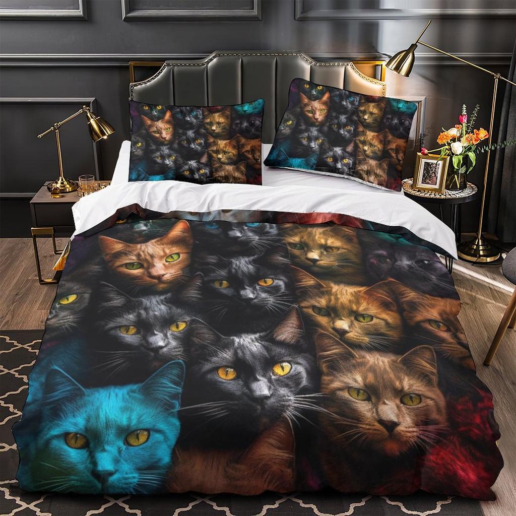 3D Digital Printing Color Cat Series Quilt Cover Pillowcase Two Or Three-Piece Set Polyester Abraded
