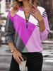Loose Long Sleeve V Neck Color Block Zipper Hoodie Sweatshirt Winter Autumn