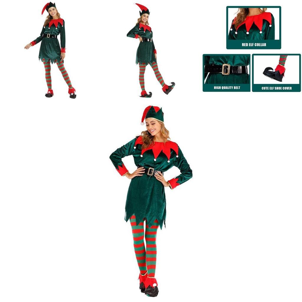Women's Xmas Elf Cosplay Costume Soft Velvet Skirt With Bells Serrated Cuffs