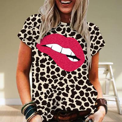 Sommer Damen Leopard Kurzarm O-Ausschnitt Lockeres T-Shirt Mode Sexy Lippen 3D-Druck Damen Street T-shirt Top