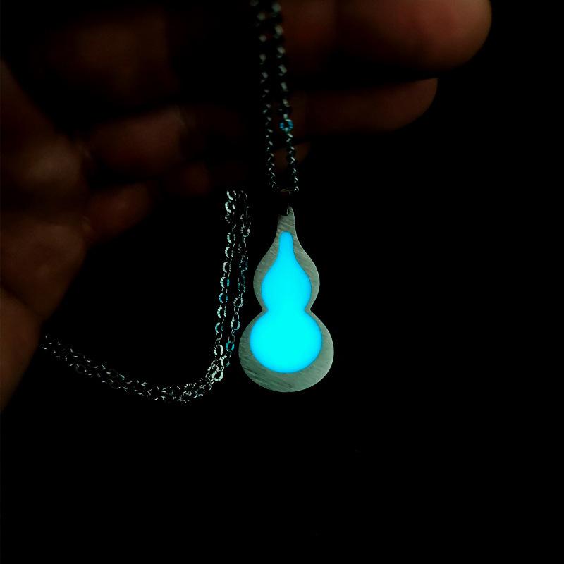 Luminous Stainless Steel Four-Leaf Clover & Glowing Gourd Pendant Necklace