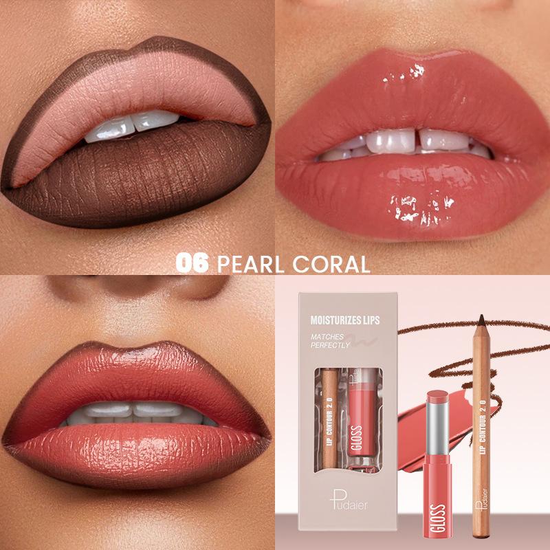 2 ks Sady kombinací tužky na rty, lesku na rty a rtěnky, efekt vodního světla s vysokým leskem, lesklá želé pevná rtěnka a matná konturovací tužka na rty pro konturovací make-up