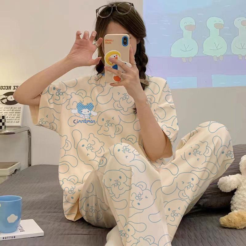 Short-sleeved long pants pajamas women's summer cartoon cute can be worn outside plaid loungewear imitation cotton suit summer thin