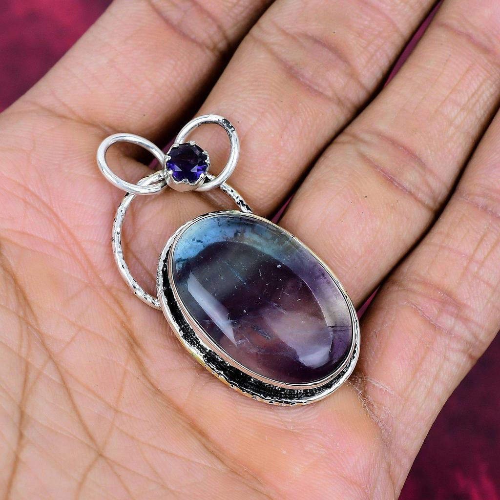 Fluorite & Amethyst Handmade Gemstone Pendant, 925 Solid Sterling Silver Pendant Antique Jewelry, Pendant For Thanksgiving